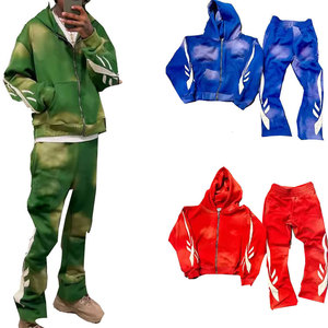 High Quality Custom Winter Men Acid Wash Zip-UP Tracksuits French Terry 100% Cotton Baggy Sweatpants And Zipper <b>Hoodie</b> Set - Product Image 3