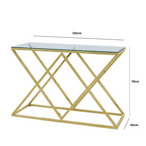 Table console Horizon Geometric X-Frame – Table de couloir en métal doré avec plateau en verre trempé transparent - Product Image 3