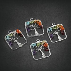 Pendentif en métal rectangulaire fait à la main naturel Style Feng Shui Agate Gemstone Life Tree of Life Design - Product Image 6