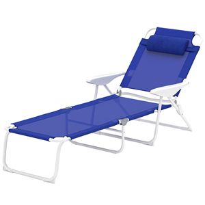 Blue Folding Chaise Lounge 4-Position <b>Reclining</b> Back Armrests Outdoor Sun Tanning Chair with Removable Pillow - Product Image 1