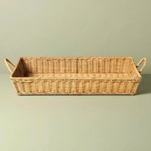 Slim Wicker Rattan Long Rectangular <b>Tray</b> Organizer For Tabletop Display, <b>Kitchen</b> Storage And Decorative Arrangement - Product Image 1