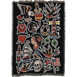 Coperta in Tessuto di Cotone 50x60 con Design Tradizionale Americano a Tema Tatuaggi Flash, Prodotta negli USA - Product Image 1