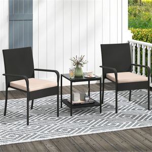 Set Bistrot da Esterno in Rattan PE a 3 Pezzi, Resistente alle Intemperie, con Tavolino Laterale in Vetro Temperato a 2 Livelli, Sedie da Giardino Beige - Product Image 2