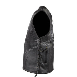 Chaleco de cuero negro personalizado para hombre con calavera bordada, nuevo chaleco de piel de vaca OEM para motociclismo en invierno - Product Image 5