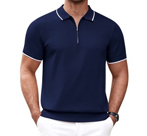 Polo de Manga Corta Tejido Azul Marino para Hombre con Cierre, Diseño Sólido Informal - Product Image 2