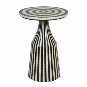 Table basse en os incrusté, artisanale, motif géométrique noir et blanc, tabouret, table d'appoint moderne géométrique en forme de tambour pour la décoration du salon - Product Image 6