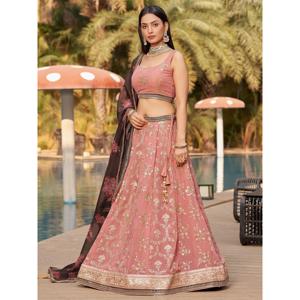 Amazing Pink Embroidered Georgette <b>Wedding</b> Wear Lehenga Choli - Product Image 5
