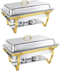 Plat de service rectangulaire de luxe en acier inoxydable avec accents dorés, chauffe-plats professionnel 9L pour mariages et salles de banquet - Product Image 1