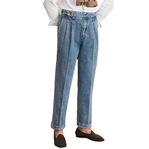 Pantalones de traje de mezclilla para hombre, juveniles y a la moda, de cintura media, lavado efecto nieve, estilo urbano, rectos, sin planchar, Naples Casual Drape - Product Image 1