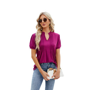 Camiseta de Algodón para Mujer, Talla XL, Cuello en V, Manga Corta, Textura Arrugada, Estampado Sólido, Corte Ajustado, Estilo Casual, con Encaje - Product Image 6