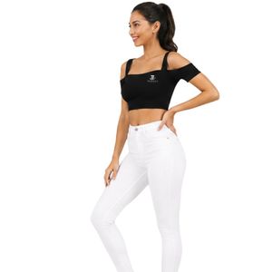 Haut court noir à épaules dénudées pour femme, à manches courtes, col carré et détails de bretelles, pour un usage décontracté - Product Image 2