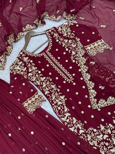 Premium High Density Faux Georgette 3-Piece Stitched <b>Suit</b> Micro Cotton Lining Breathable Flowy Drape Deep Burgundy Fabric - Product Image 2