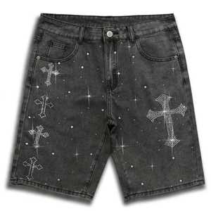 Shorts de mezclilla con cruz de diamantes de imitación para mujer, shorts anchos de cintura alta con cristales, estilo streetwear - Product Image 5