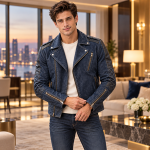 Veste en daim véritable pour homme, vert forêt, style streetwear, avec col à revers, poches zippées et poignets zippés, pour un look décontracté - Product Image 4