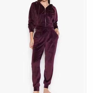 Survêtement à capuche en velours pour femme, manches longues, couleur unie, fermeture éclair personnalisée sur le devant, coupe ample, jogging décontracté avec poches latérales - Product Image 1