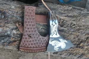 UMAR FAROOQ Handmade High Carbon Steel <b>Axe</b> Head Etching Premium Leather Sheath Hatchet Custom Wood <b>Handle</b> 0.6kg Outdoor Camping - Product Image 5