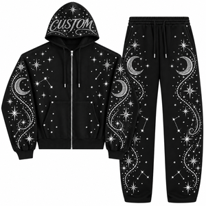 Sweat à capuche streetwear personnalisé, effet vieilli, éco-responsable, avec logo frontal, haute qualité, épais, zippé, orné de strass, 100% coton, hiver - Product Image 2