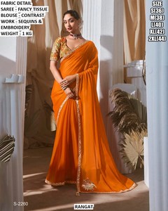 Noor <b>Orange</b> Traditional Winter Summer Moisture Wicking Wrinkle Free Party <b>Saree</b> - Product Image 1