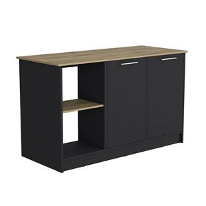 Black/Macadamia Kitchen Island with Large Countertop Double Door Cabinet <b>Open</b> <b>Storage</b> Shelves - Product Image 3