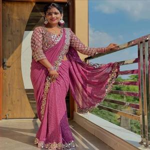 Sari VASTRA COTTAGE Premium de Georgette con bordado de lentejuelas en toda la prenda y trabajo de espejos auténticos - Product Image 1