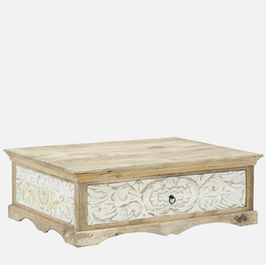 Table basse rectangulaire moderne à double tonalité, sculptée à motifs floraux, avec rangement, pour salon, finition naturelle et blanchie à la chaux - Product Image 3