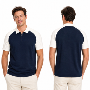 Classic Men's Color Blocked <b>Polo</b> Shirt Short Sleeve Zipper Casual Navy <b>White</b> Regular Fit - Product Image 3