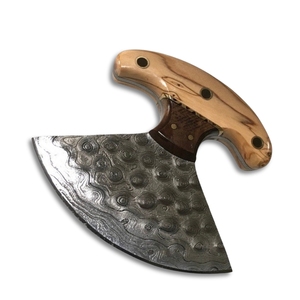 Handcrafted Ulu <b>Knife</b> with Raindrop Damascus Steel Blade Wood <b>Handle</b> Skinning Skinner with Leather Sheath MOQ 5 Pcs - Product Image 3