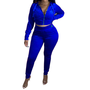 Women's Beige Velvet Hooded Tracksuit Set Full Sleeve <b>Zipper</b> Front Crop <b>Top</b> With Side Pockets Skinny Fit Sweatpants Autumn Wear - Product Image 2