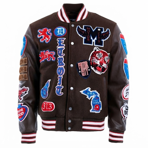 Brown Wool Body PU <b>Leather</b> Sleeves Varsity <b>Jacket</b> Custom Embroidered Patches Vintage Streetwear Letterman Coat Unisex Winter Out - Product Image 1