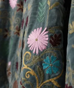 Premium Gray <b>Velvet</b> Suzani Embroidered <b>Jacket</b> with Floral Print Full Sleeve Stand Collar Bohemian <b>Women's</b> Winter Outerwear - Product Image 3