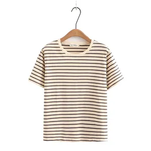 เสื้อยืดคอกลมลายทางสำหรับผู้หญิงทรงยาวมีสไตล์สวมใส่สบายทุกวัน - Product Image 1