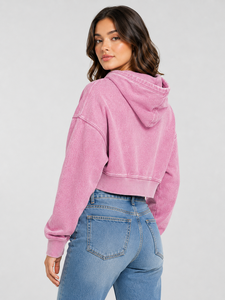 <b>Women's</b> <b>Pink</b> Cropped <b>Hoodie</b> 100% Cotton Breathable Eco-Friendly Casual Lined Embroidered Letter Print Drop-Shoulder Sleeves - Product Image 3