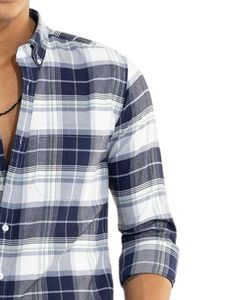 Chemise en coton à carreaux bleu marine, gris et blanc pour homme, manches longues, boutonnée, décontractée, coupe ajustée, fabrication OEM sur mesure - Product Image 2