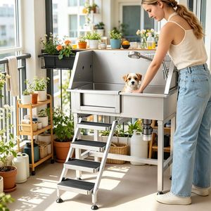 Stazione Professionale per Toelettatura Cani e Gatti, Vasca in Acciaio Inox con Base in Legno e PP per Uso Interno, Adatta per Cani, Gatti e Rettili - Product Image 6