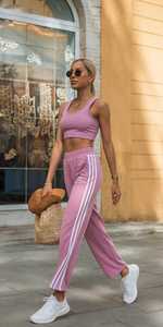 Women's Pink Solid Color Tracksuit Set <b>Sleeveless</b> Crop <b>Top</b> Elastic Waist Joggers Casual Sporty Full Length Pants <b>White</b> Stripes - Product Image 2