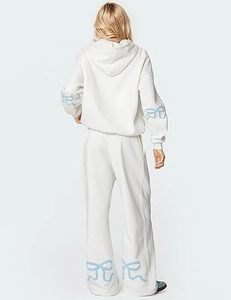 Unisex <b>2</b>-<b>Piece</b> Hooded Sweat Suit <b>Set</b> <b>White</b> Cotton Solid Embroidered Bow Button Streetwear Loose Fit All Seasons Long Sleeve Full - Product Image 3