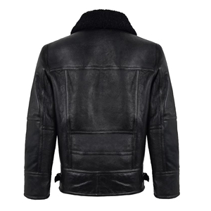 Mens Black Leather Jacket With Black <b>Fur</b> Collar Winter Shearling B3 Coat Genuine Sheepskin Warm Fleece Lined Biker Jacket - Product Image 3