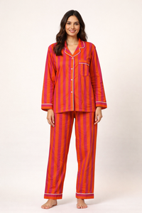 Ensemble de pyjama en coton tissé imprimé à rayures verticales florales pour femmes, vêtements de détente, printemps été, séchage rapide, longueur intégrale - Product Image 6