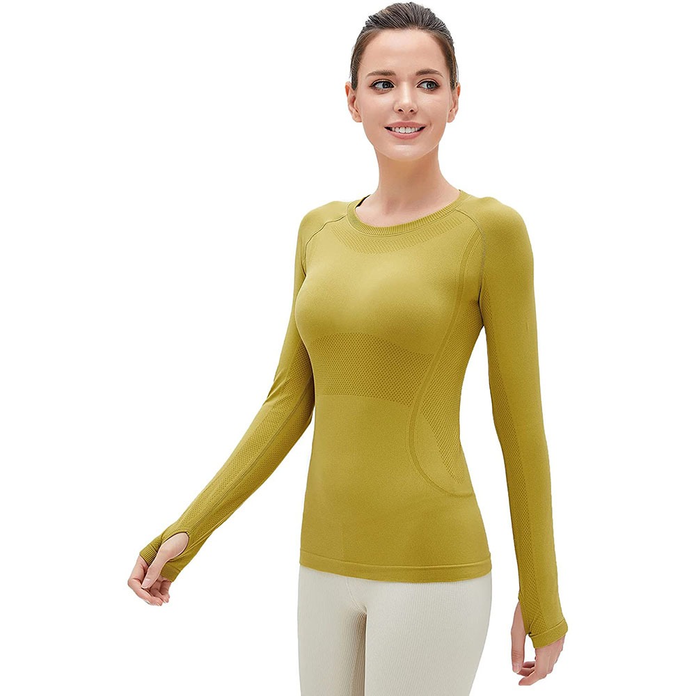 Women's Seamless Long Sleeve Yoga Top Breathable Athletic Gym Wear Sports Running Slim Fit Compression Shirt Washed Set