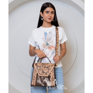 Hot Selling Handcrafted Tooled Floral Leather Women's Messenger Bags Cowhide Fur Leather Large Capacity Crossbody Travel <b>Handbag</b> - Product Image 1