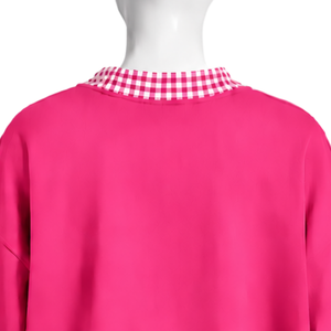 เสื้อสเวตเชิ้ตคอกลมโอเวอร์ไซส์สีชมพูสดสำหรับผู้ชาย แต่งขอบลายตารางกิงแฮม แขนยาว พิมพ์ลายกราฟิก สไตล์ลำลอง สตรีทแวร์ แฟชั่นท็อป - Product Image 4