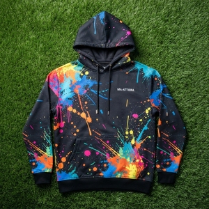 Sweat-shirt à capuche noir pour homme avec imprimé graphique de gouttes de peinture colorées, streetwear personnalisé - Product Image 6