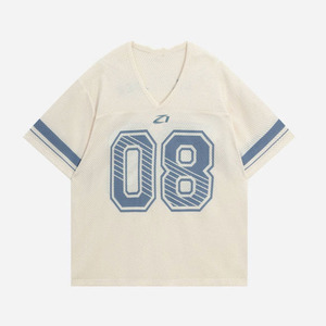 Maillot de football américain tendance pour femme, couleur beige, en maille, col en V, personnalisé, surdimensionné, numéroté, vêtements de sport pour marques privées - Product Image 4