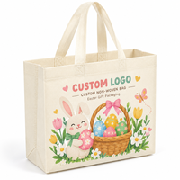 Sacola de Tecido Não Tecido com Estampa de Coelhinho da Páscoa, Cesta de Ovos e Tulipas, Personalizável com Logotipo, Ecológica, Reciclável e Reutilizável para Presentes