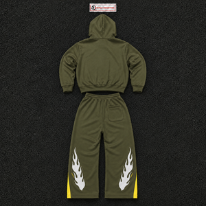 Ensemble de survêtement à capuche Olive avec imprimé crâne flamboyant, coupe ample, manches longues, style streetwear, sweat-shirt et pantalon, tenue d'automne, style urbain - Product Image 6