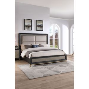 Letto matrimoniale Queen Size con pannello imbottito in legno massello, finitura nero-marrone e gambe dorate, mobili per camera da letto - Product Image 1