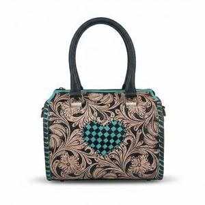 Bolsos de Mano de Lujo con Doble Asa, 100% Cuero Genuino, Mini Bolsos Deportivos con Diseño a Cuadros, Corazón y Flores Talladas a Mano - Product Image 2