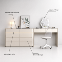 Coiffeuse moderne en verre blanc avec miroir, tiroirs de rangement et bande lumineuse chaude pour chambre, salle de bain, bureau à domicile