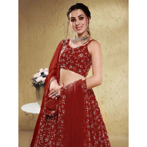 Red Embroidered Georgette <b>Wedding</b> Lehenga Choli for Women - Product Image 4
