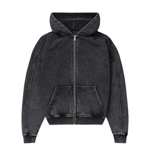 Sudadera con capucha de punto oversize para hombre, estilo High Street, negra con efecto lavado ácido, forro polar teñido, con cremallera, ecológica, estilo urbano. - Product Image 1